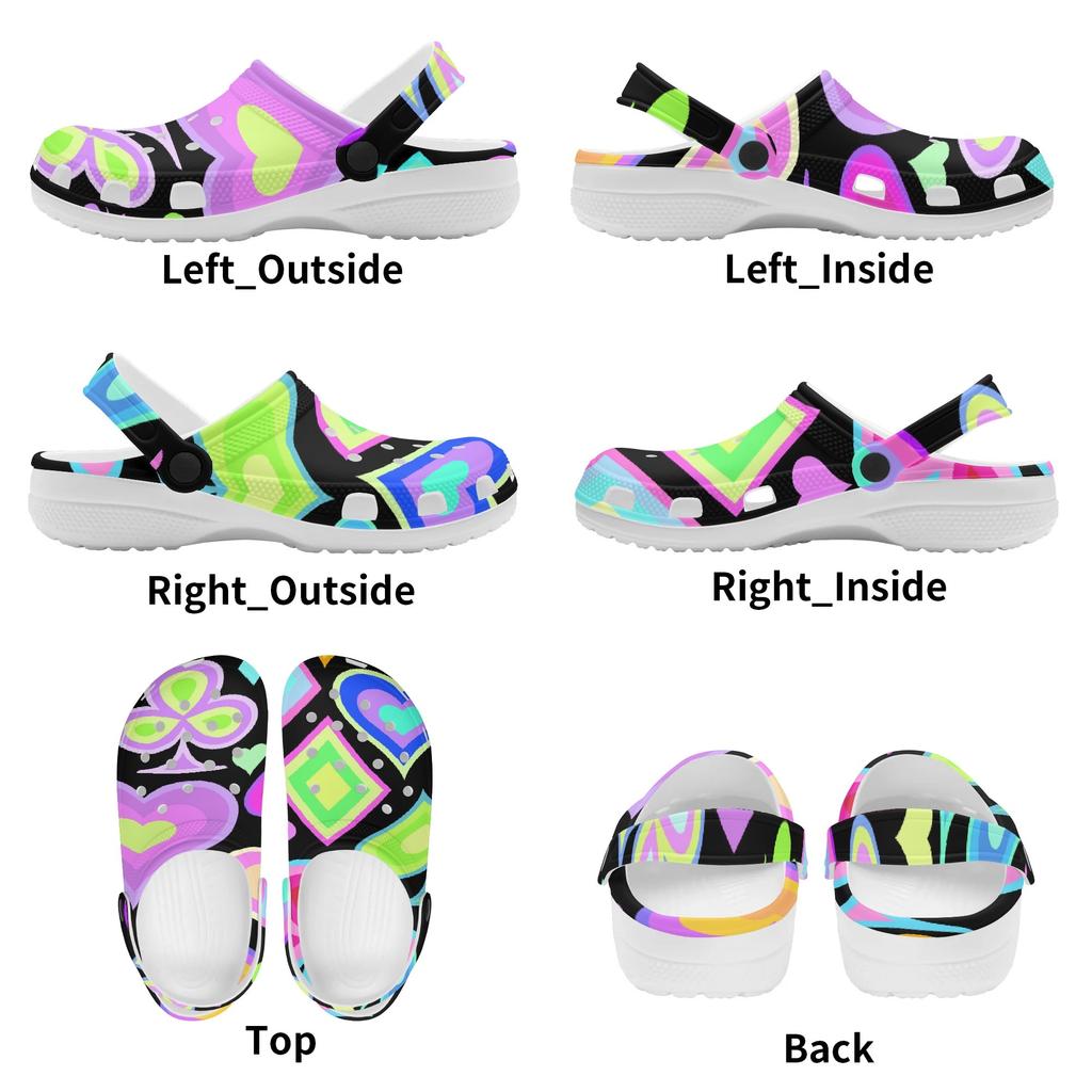 White EVA Clogs with Rainbow Feather Print, Lightweight Slip On Garden Shoes, Breathable Beach Sandals, Indoor Outdoor Slippers for Men Women