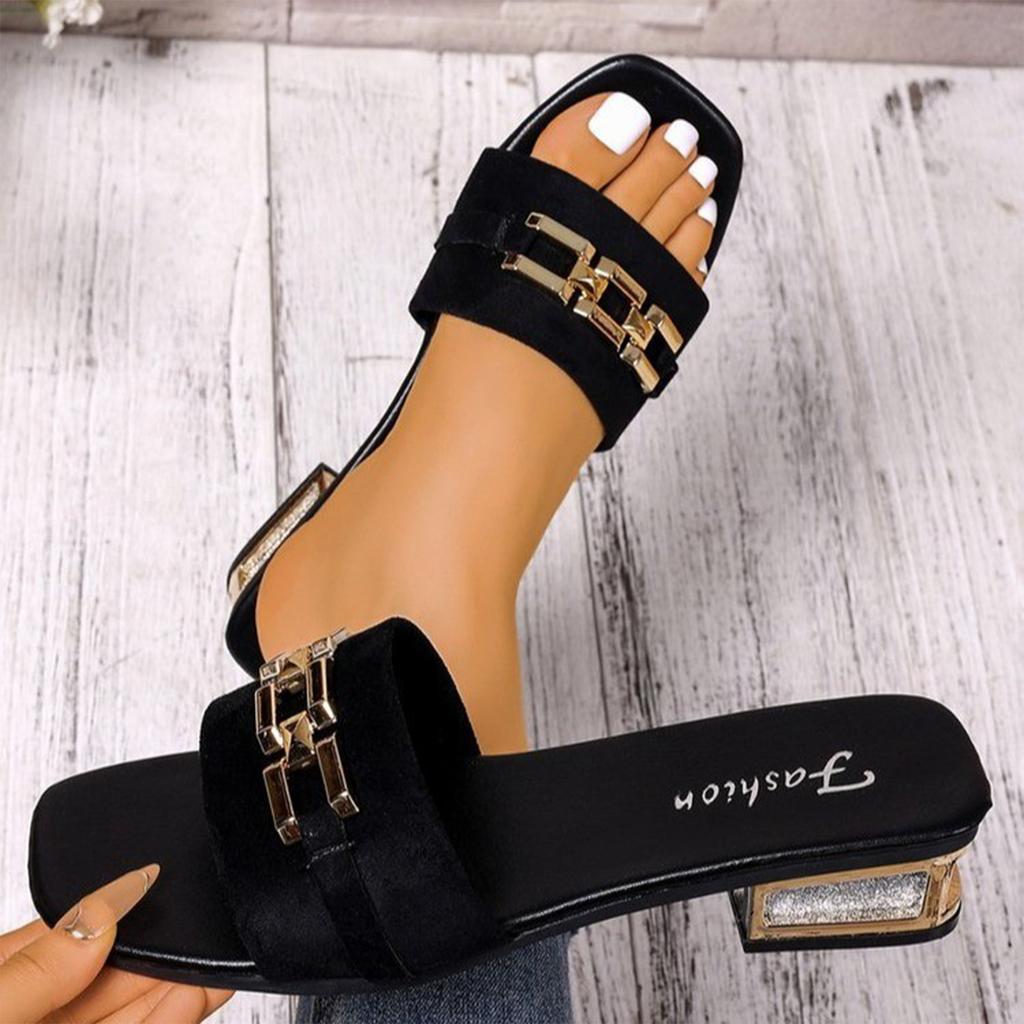 Summer women's fashionable square chain low heel slippers