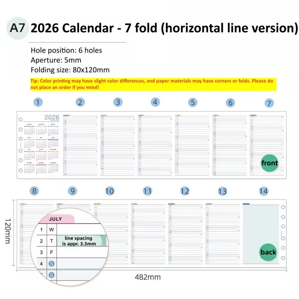 Calendario 2026 A6 A7 A8 M5 Anual Mensual Planificador de Calendario Páginas Interiores Hojas Sueltas Núcleo de Repuesto Recambios Papel Manual de Bricolaje