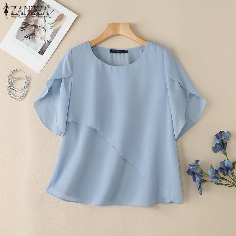 ZANZEA Blusa holgada informal de manga corta con cuello redondo de verano para mujer