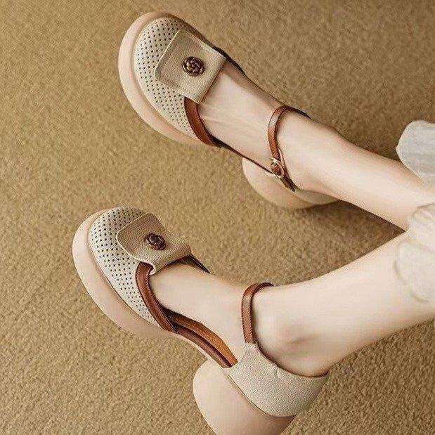 Thick-soled hollowed-out bag head sandals women's muffin breathable Roman shoes 2025 summer new skirt one-button high heels