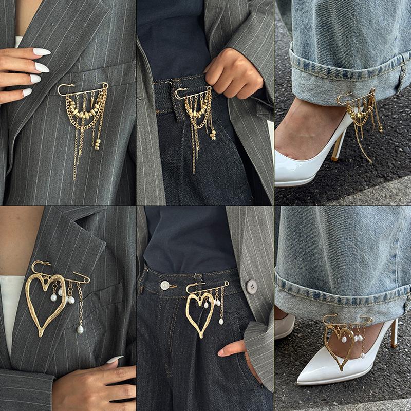 Creative Beaded Heart Shaped Tassel Metal Brooches Adjusting The Pant Legs Belt Safety Pin Versatile Clothing Decor
