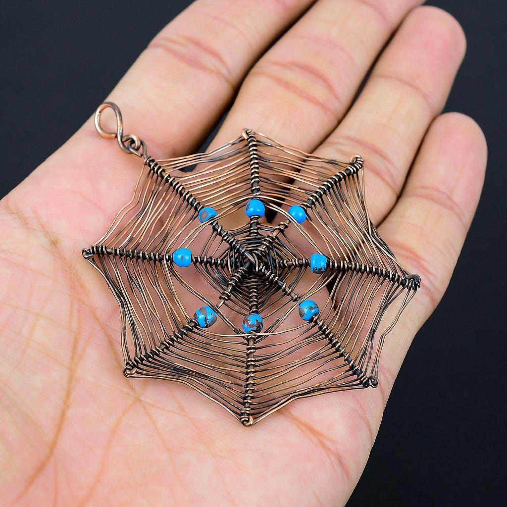 Spider Web Shaped Turquoise Gemstone Pure Copper Wire Wrapped Handmade Pendant Jewelry