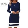 Women Elegant Pullover Dress Striped Print O Neck Long Sleeve Casual Dress Spring Autumn Mini Dress Slim Fit Dress