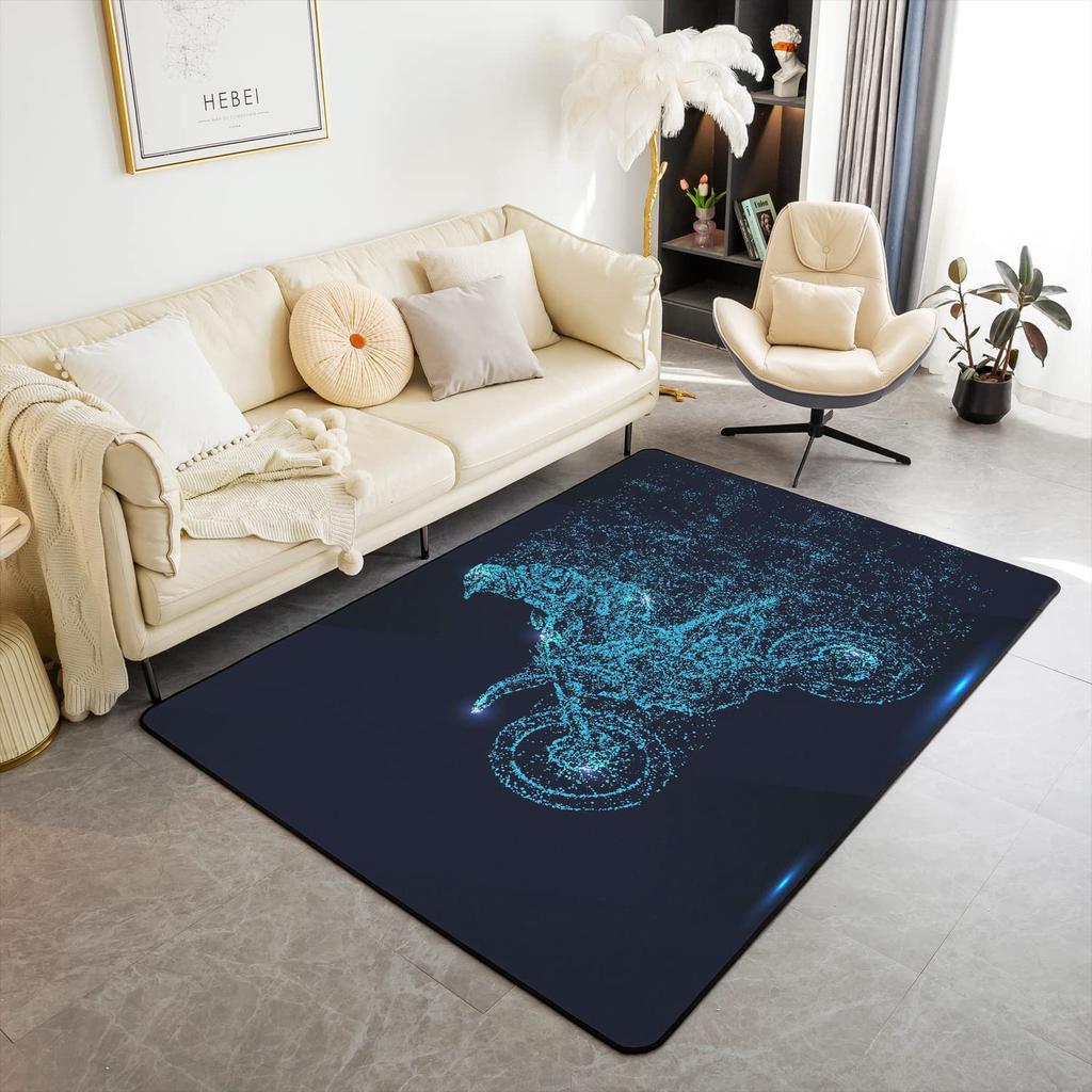 Teen Dirt Bike Area Rug for Living Room Motocross Rider Floor Mat Motorbike Extreme Sport Carpet Snow Mountain Landscape Doormat