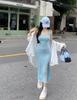 French Pure Desire Style Sexy Blue Suspender Dress Women's Summer New High Waist High Sleeveless Hip Wrap Long Skirt