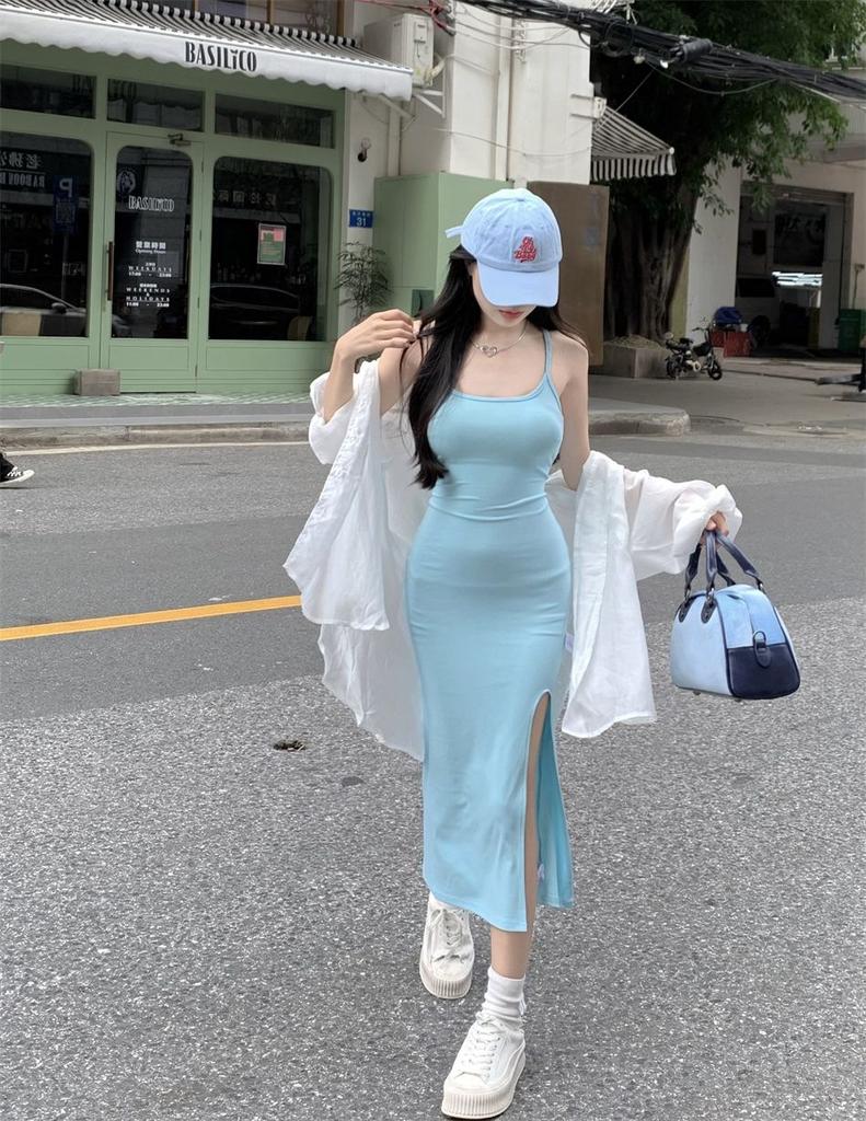 French Pure Desire Style Sexy Blue Suspender Dress Women's Summer New High Waist High Sleeveless Hip Wrap Long Skirt