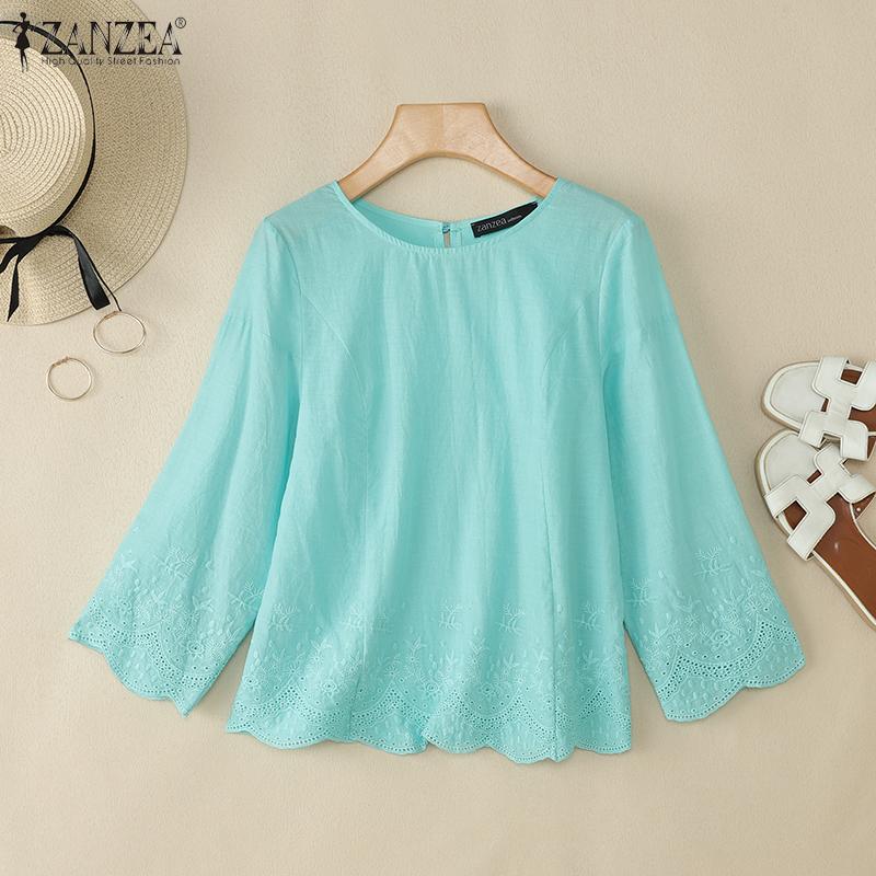

ZANZEA Women Casual Round Neck 3/4 Sleeve Loose Embroidered Blouse S светло-зеленый