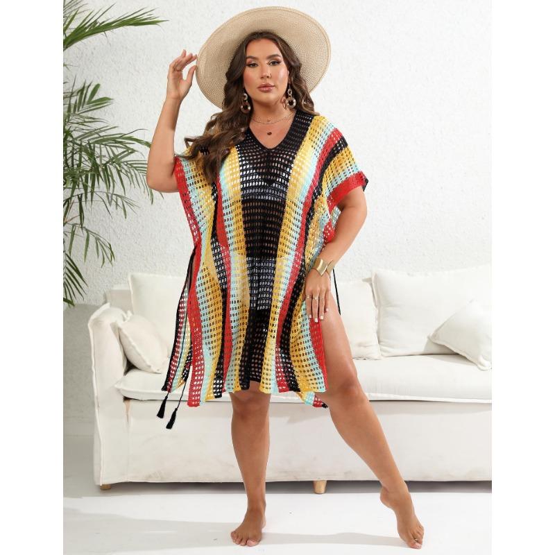 

Плюс Размер Женский Цветной Контрастный Лоскутный Тканый Полый Пляжный Бикини Платье Халат Шнуровка one size чёрный