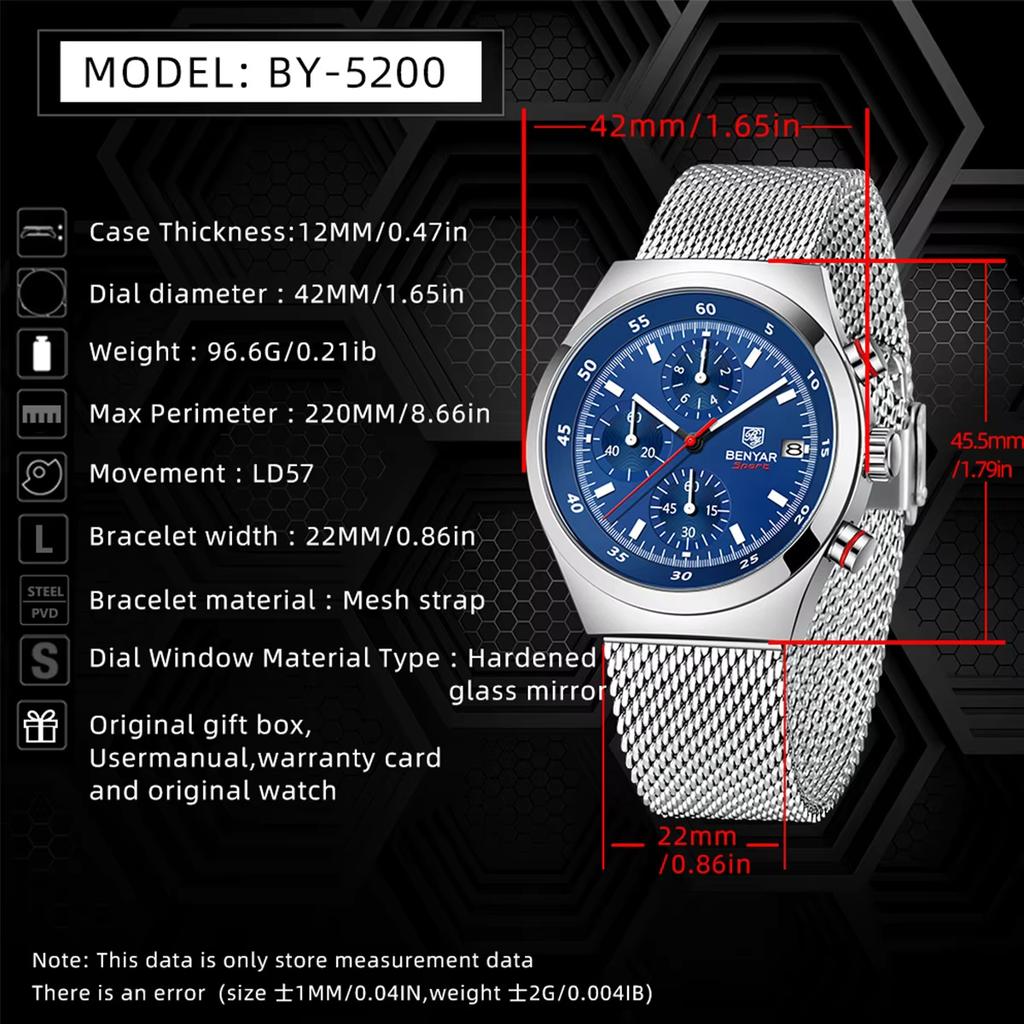 Benyar Men's Quartz Watch Simple Design Waterproof Chronograph Sports Watch Luminous Timer Stopwatch Business Wristwatch For Man
