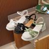 Sandals for Women Green Footwear Closed Summer 2024 Bow Square Heels Low Ladies Shoes Vintage On Offer Korea Comfort Vip Trend