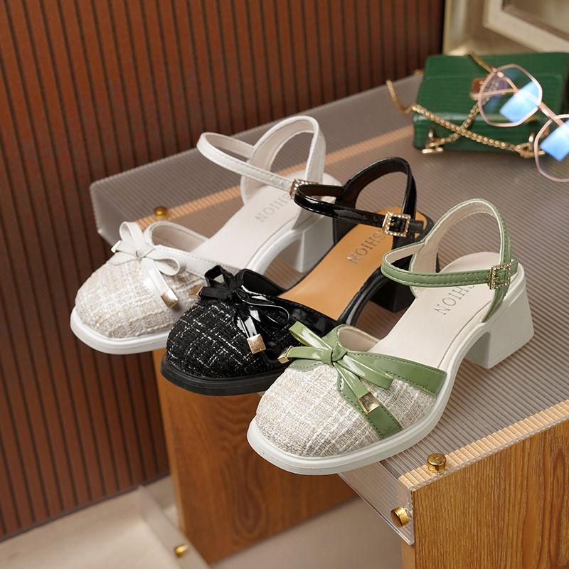 Sandals for Women Green Footwear Closed Summer 2024 Bow Square Heels Low Ladies Shoes Vintage On Offer Korea Comfort Vip Trend