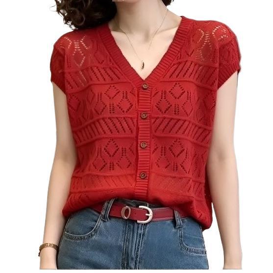 Women's Red Short Sleeve Summer Cardigan - Hollow Knit, Loose, Slimming, Breathable