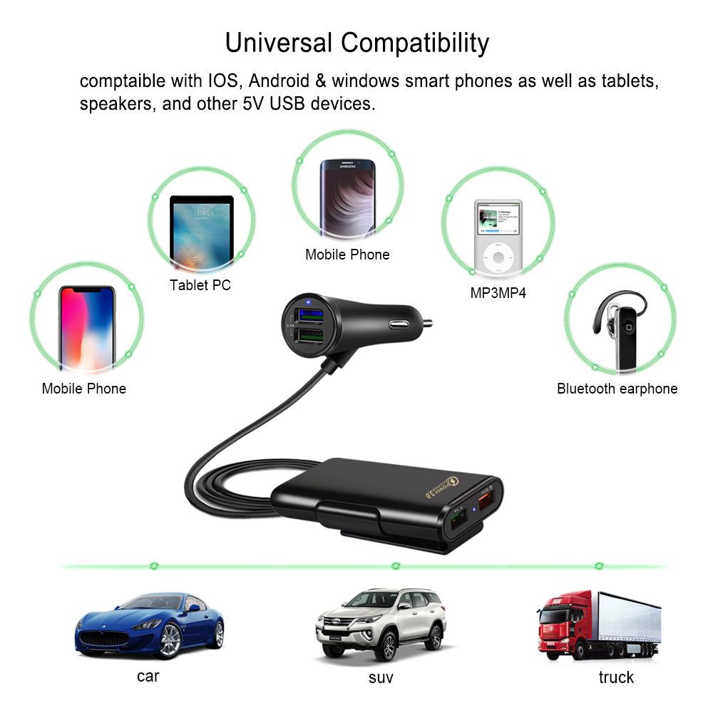 36W USB Car Charger Fast Charging One To Four Rear Seat Car Charge QC3.0 for IPhone Xiaomi 13 Samsung Huawei Car Phone Adapter