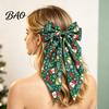 Red And Green Christmas Hair Clips Bows for Women Girls, Snowman Bow Clips, Handmade Elk Printed Bows, Festive Holiday Ribbons with Long Tail,