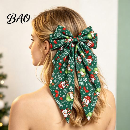 Red And Green Christmas Hair Clips Bows for Women Girls, Snowman Bow Clips, Handmade Elk Printed Bows, Festive Holiday Ribbons with Long Tail,