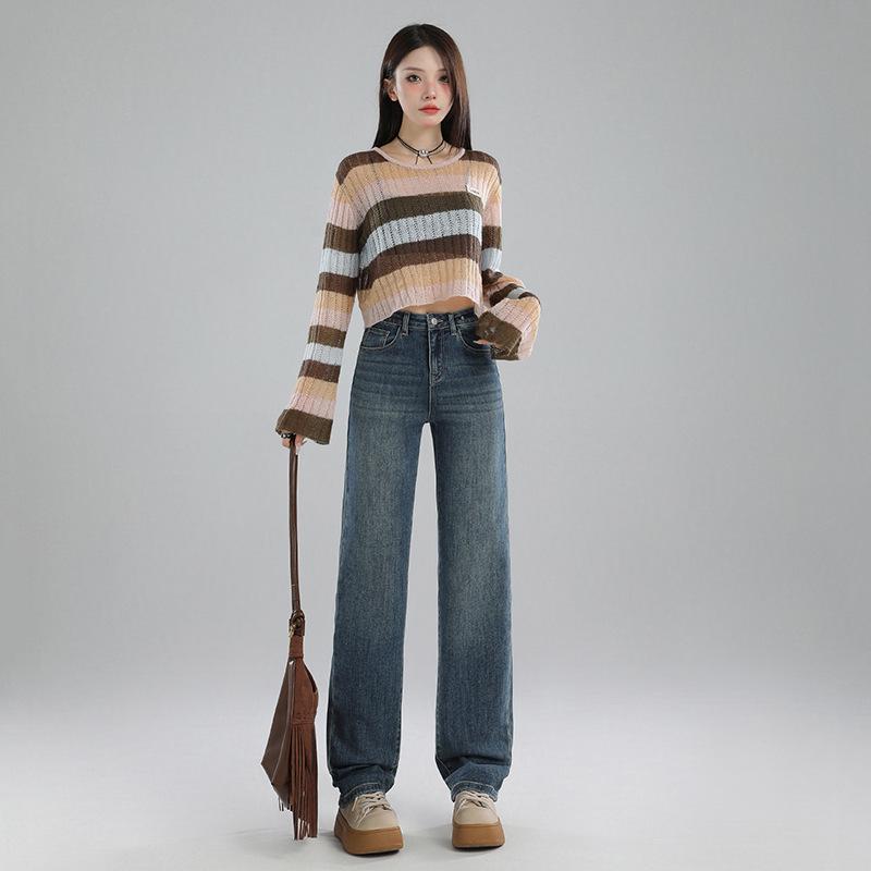 Autumn Retro High-Waist Straight Leg Mop Jeans for Women