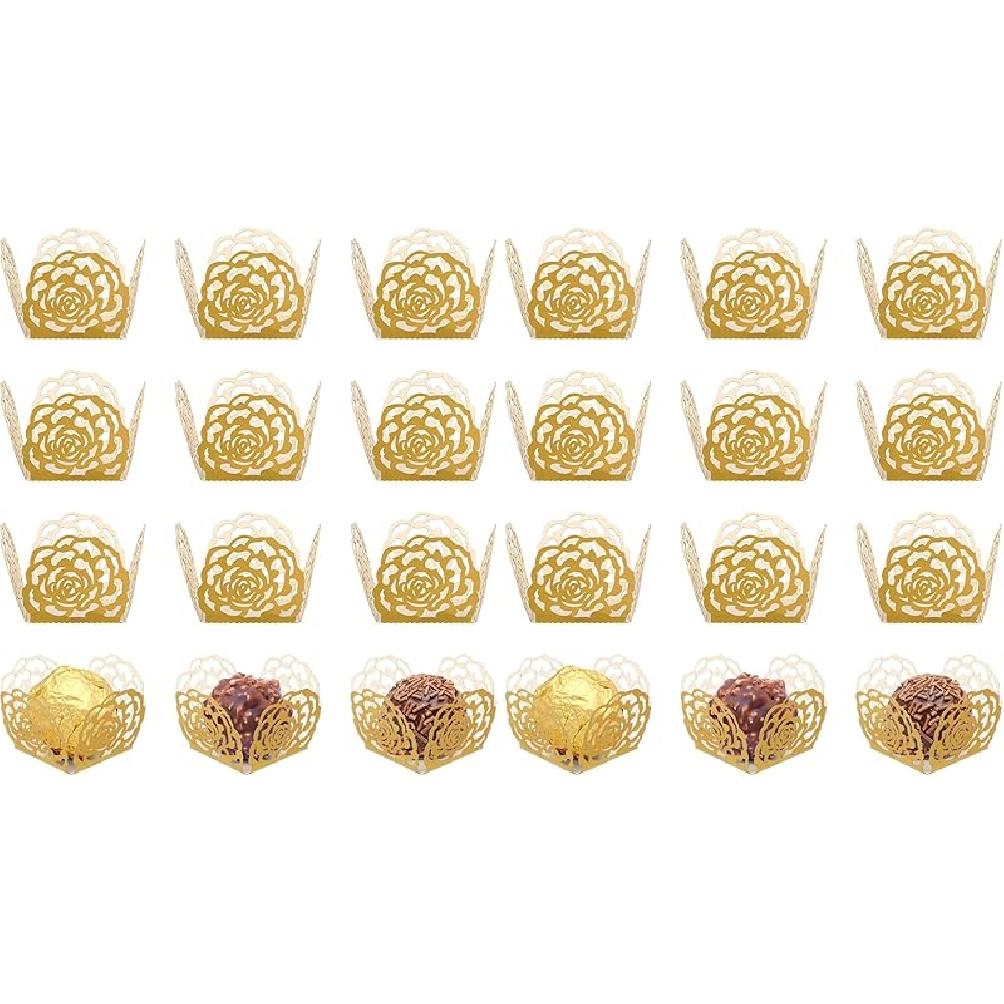 50pcs Hollow Rose Lace Paper Truffle Cups, Gold Cupcake Liners for Brigadeiro, Chocolate and Mini Candy, Ideal for Wedding, Party Dessert Table