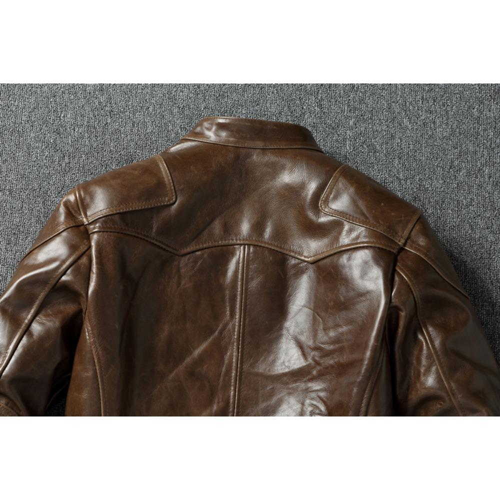Chinese Size Style RL Top Layer Oil Waxed Cowhide Real Leather Jacket Men Stand Collar Brown Coat Men's Biker Jacket Spring Autumn