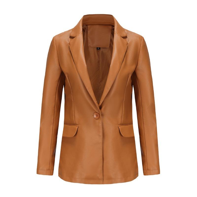 New small suit long-sleeved jacket women's single-grain buckle commuter casual solid-color leather jacket