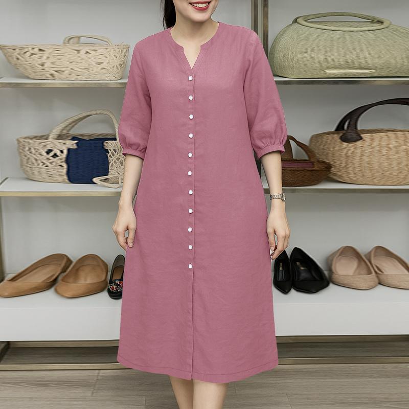 

ZANZEA Женское повседневное платье с V-образным вырезом, однотонное, свободного кроя, с рукавами 3/4 2XL розовый