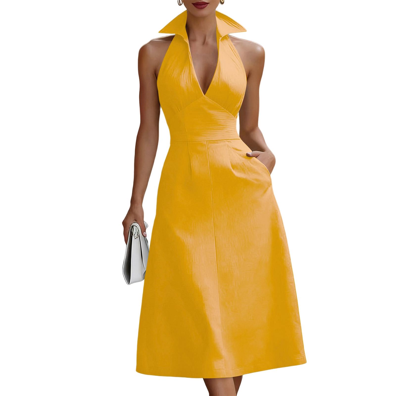 Women s Fashion Vintage V-Neck Sleeveless Casual Dress M жёлтый