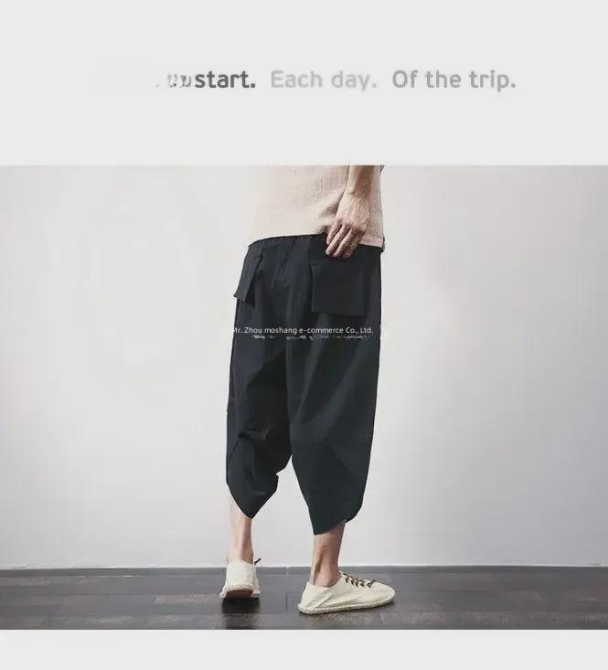 Men's Loose Fit 7-Point Linen Beach Pants - Thai Wide Leg, Casual Chinese Style Harem Pants Trends