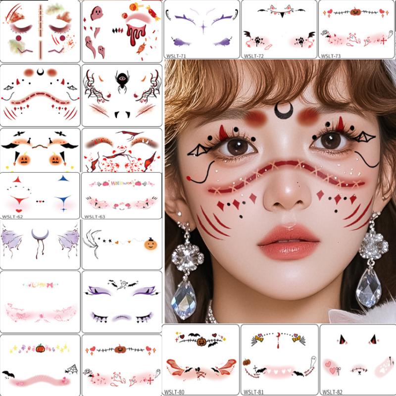 1set Halloween Face Tattoo Stickers Pumpkin Bat Star Moon Fake Freckles Temporary Tattoo Stickers for Music Party Festival Decor