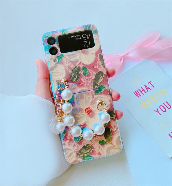 

Корейский жемчужный браслет, картина маслом, цветы, чехол с подвеской в ​​виде ракушки для Samsung Galaxy Z Flip 3 4 5g Z Flip3 4 Zflip3, чехол Samsung Z Flip 4