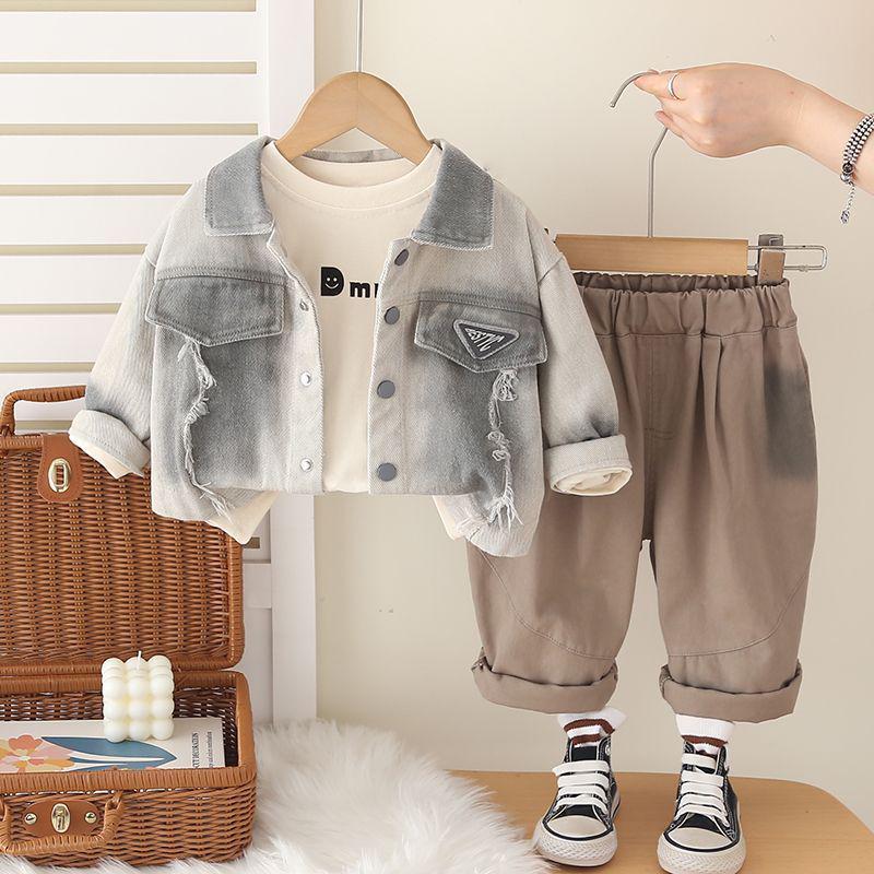 Boys' Trendy Denim 3-Piece Set: Stylish Spring/Autumn Outfit with Shirt and Outerwear