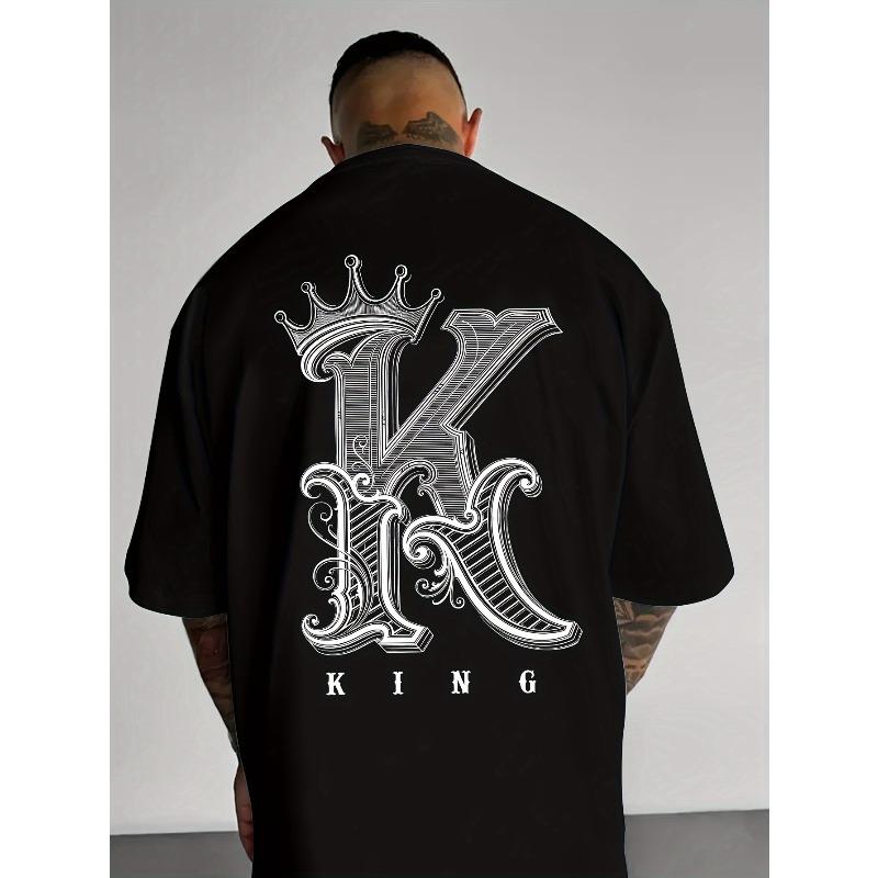 European Size Men's Loose Fit White KING Letter Print T-Shirt , Breathable Casual Sport Crew Neck Short Sleeve, Striking Black and White KING Graphic
