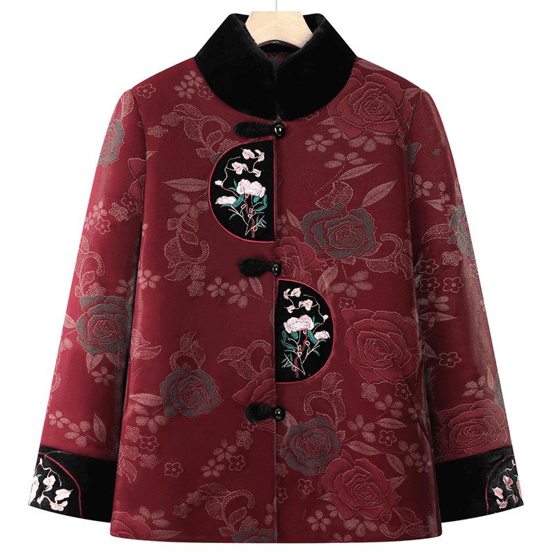 Vintage Chinese Style Winter Cotton-Padded Jacket with Fleece Lining for Middle-Aged and Elderly Women