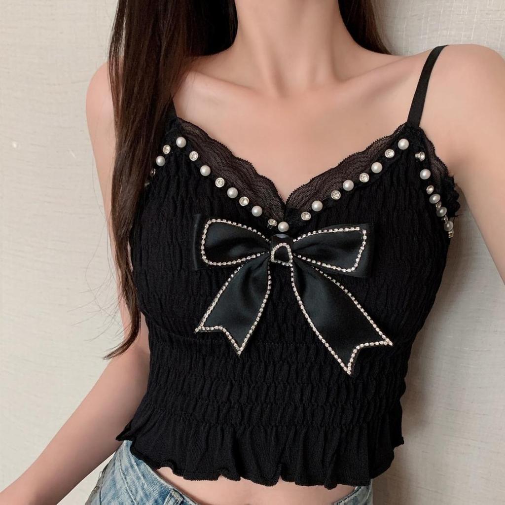 Folded Mesh Spliced Chest Wrapped Vest Short Style Nail Bead Bow Wooden Ear Strap Top for Women