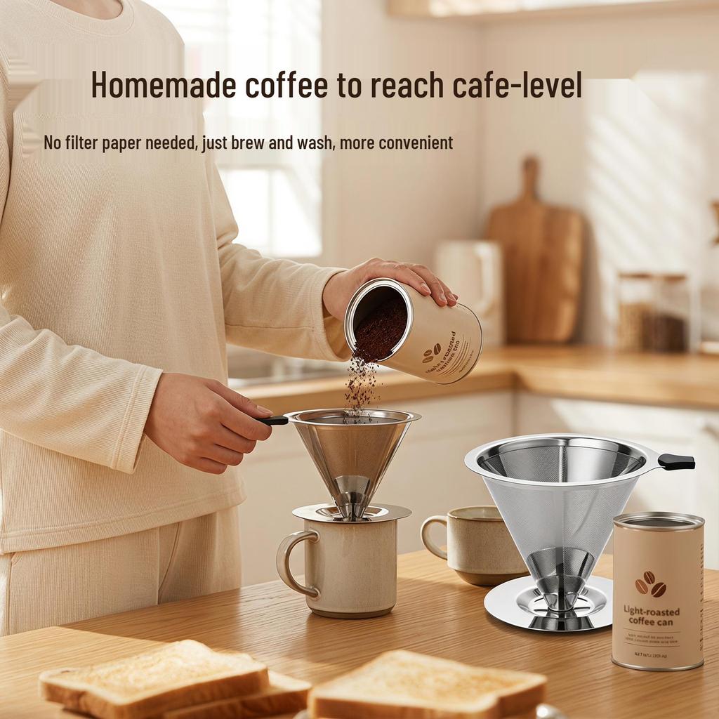 Hand-Drip-Kaffeefilter aus Edelstahl mit Basis & Verbrühschutz-Netztrichter