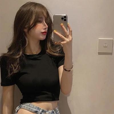 American Shoulder Machine Short Short-sleeved T-shirt Women's Summer New Sweet and Spicy Style Navel High Top