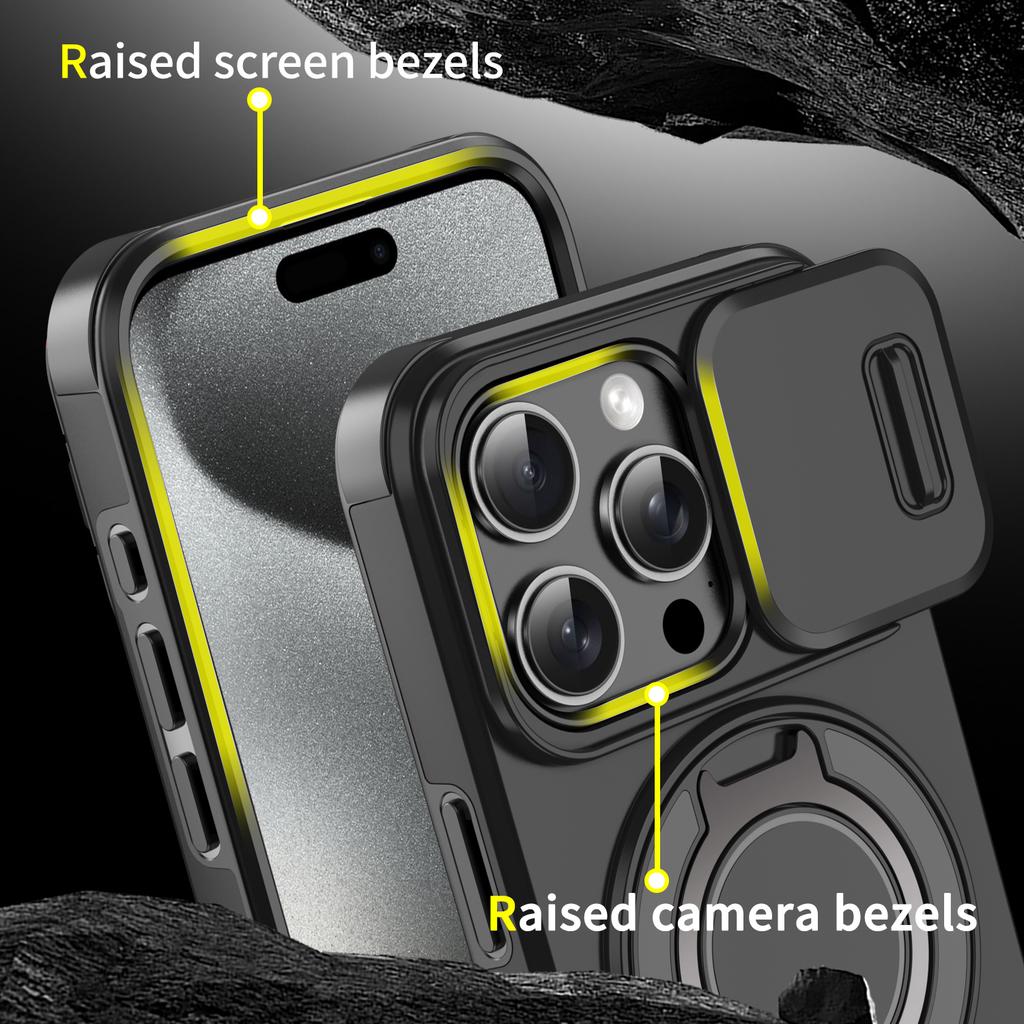 For iPhone 15 Pro Magnetic Phone Case Slide Lens Protection Ring Kickstand TPU+PC Cover