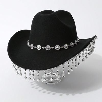 European and American Women's Western Cowboy Top Hat Simple Rhinestone Ringing Bell Fringed Design Jazz Hat Wedding Ball