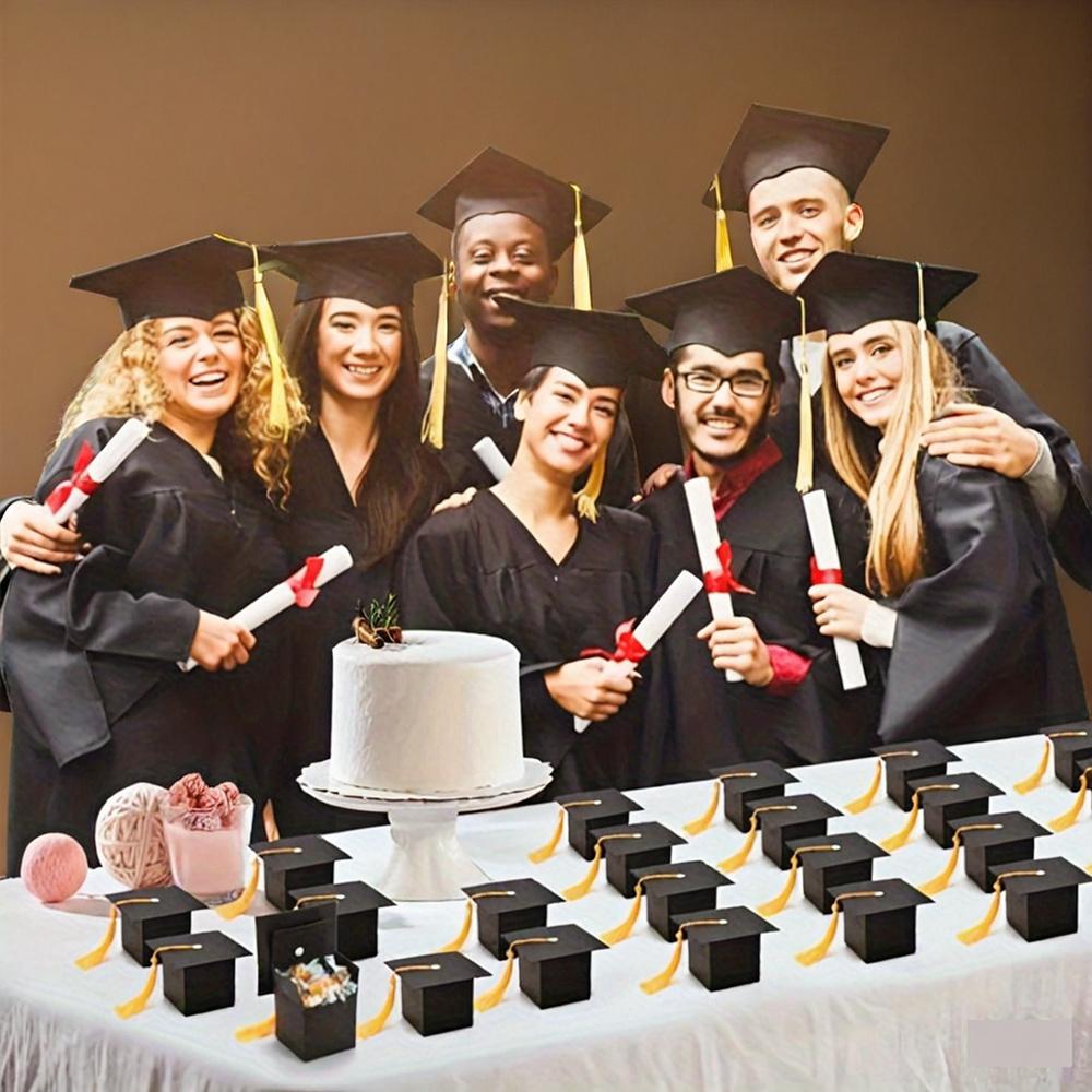 25pcs Gift Box Creative Graduation Hat Treat Boxes with Yellow Tassel DIY Graduation Gift Wrap Box Graduation Decoration Party Commemorative Gift Box
