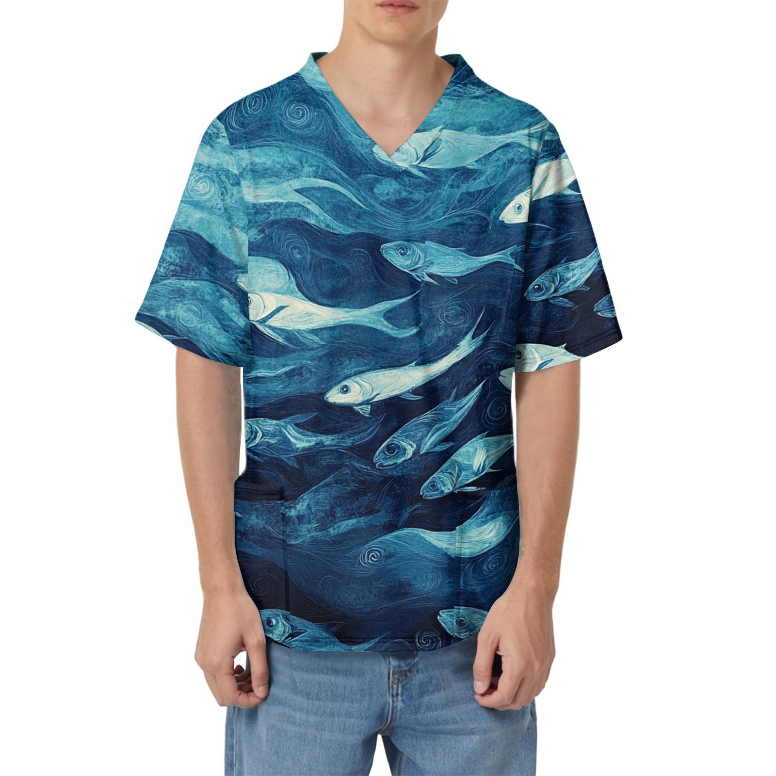 Men s Printing Short Sleeve V-neck Working Blouse Chest Pocket Carer Top M синий
