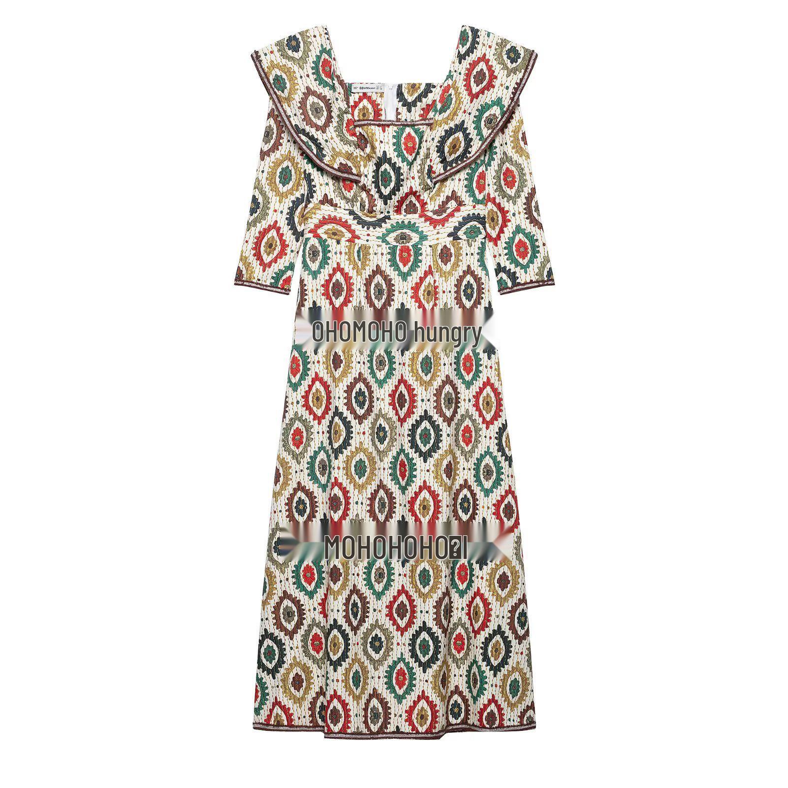 

Весна 2025 Женское платье с лентой и этническим принтом - Европейский и американский стиль Small