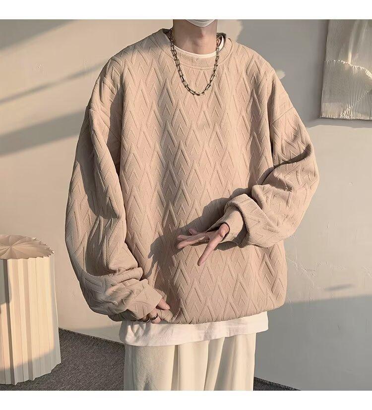 Crew Neck Jacquard Sweater Men's Long-sleeved T-shirt Spring and Autumn American Loose Casual Men's Clothing Without Hat and Bottoming Shirt