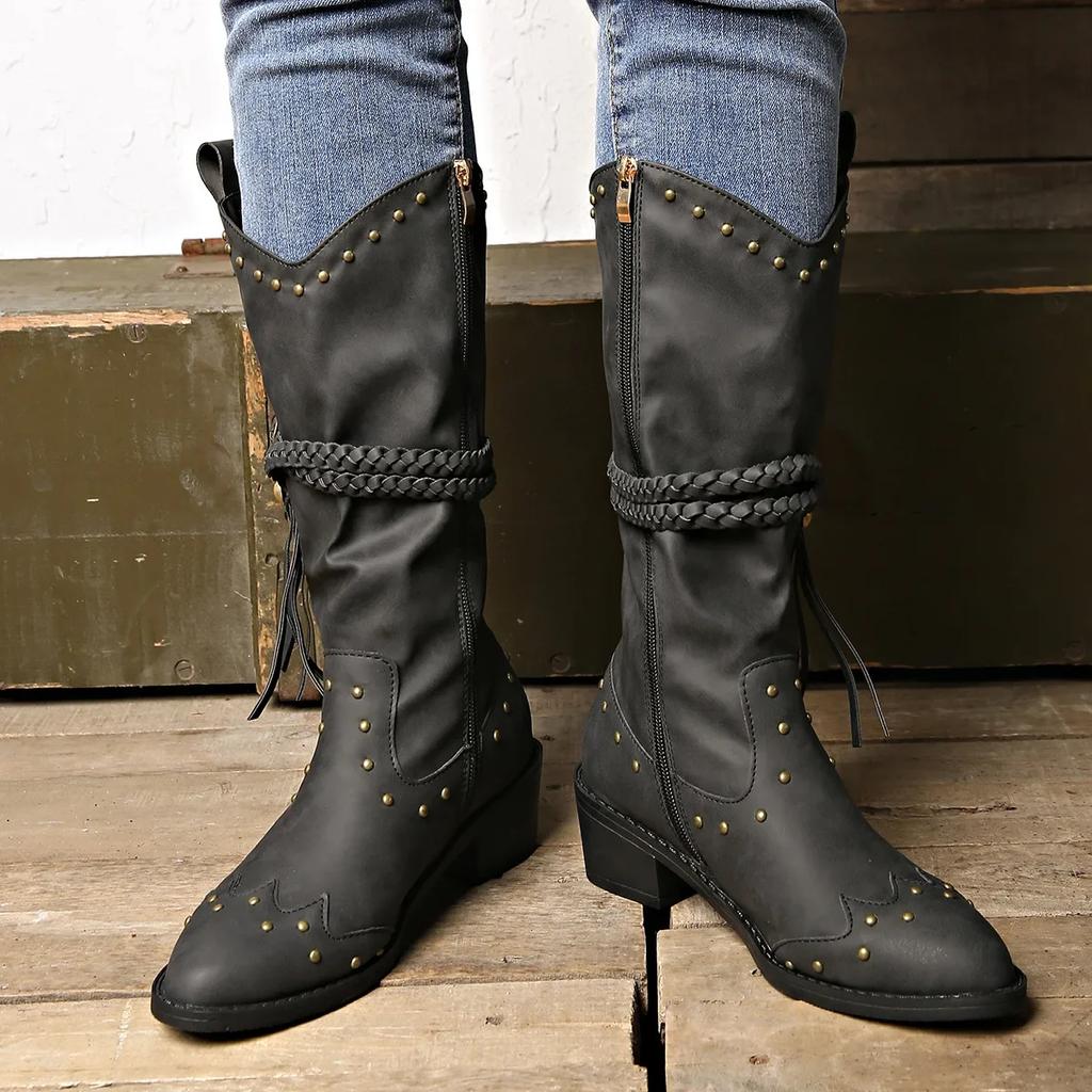 Fashion Women's Long Boot Retro Pointed Toe Knight Boots Shoes Autumn Winter Medium Thick Heel Fashion Belt Buckle Femme Shoes Size36-42