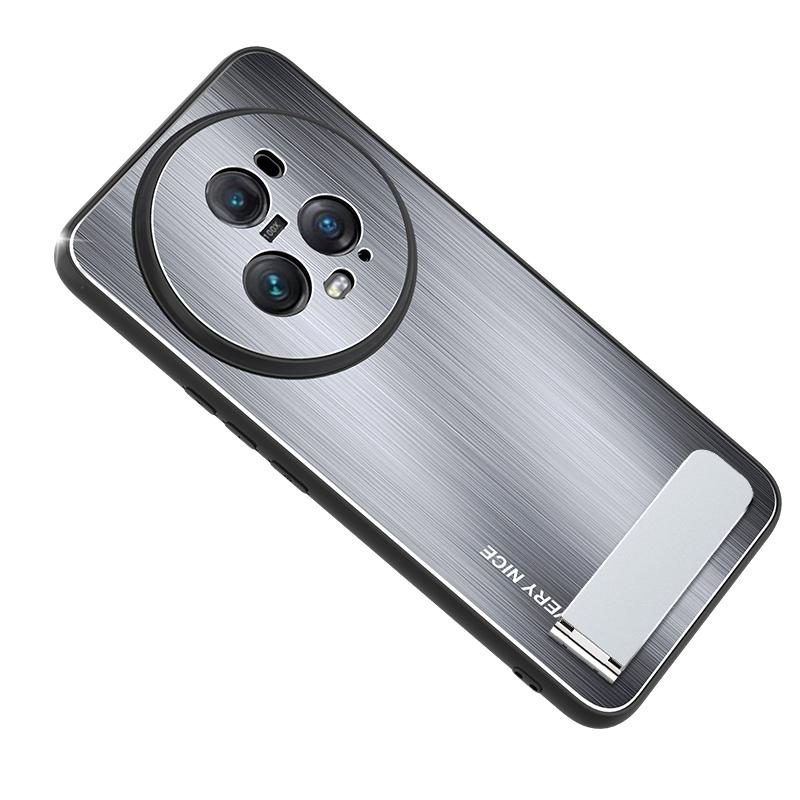 

For Honor Magic5 Pro Kickstand Phone Case TPU+Aluminium Alloy Brushed Back Cover Silver