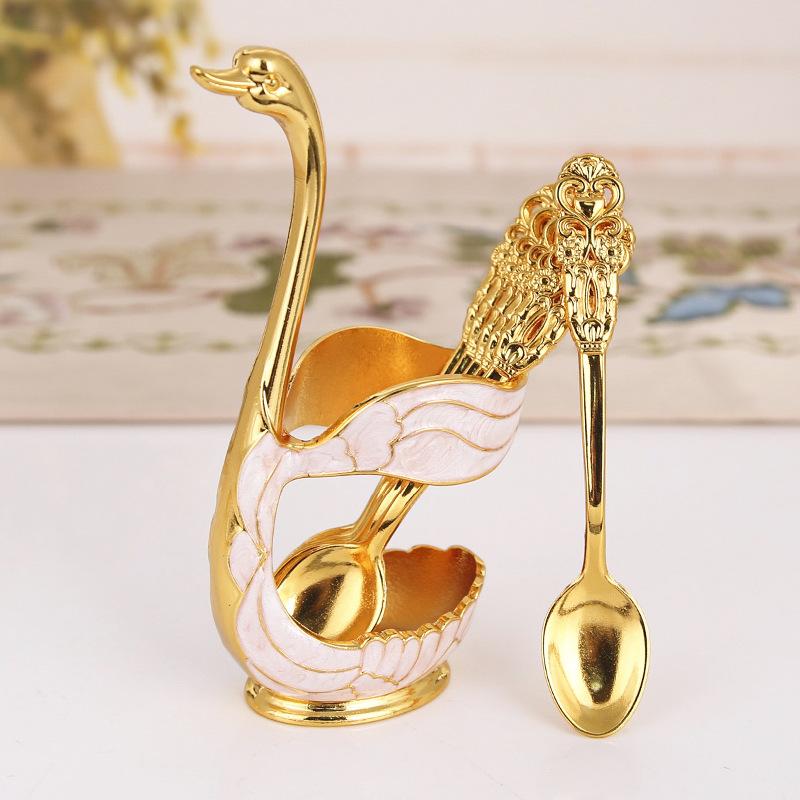 Decorative Dinnerware Set with Swan Base Holder Spoons and Forks for Coffee Fruit Dessert Stirring Mixing Ideal Gift Ideas