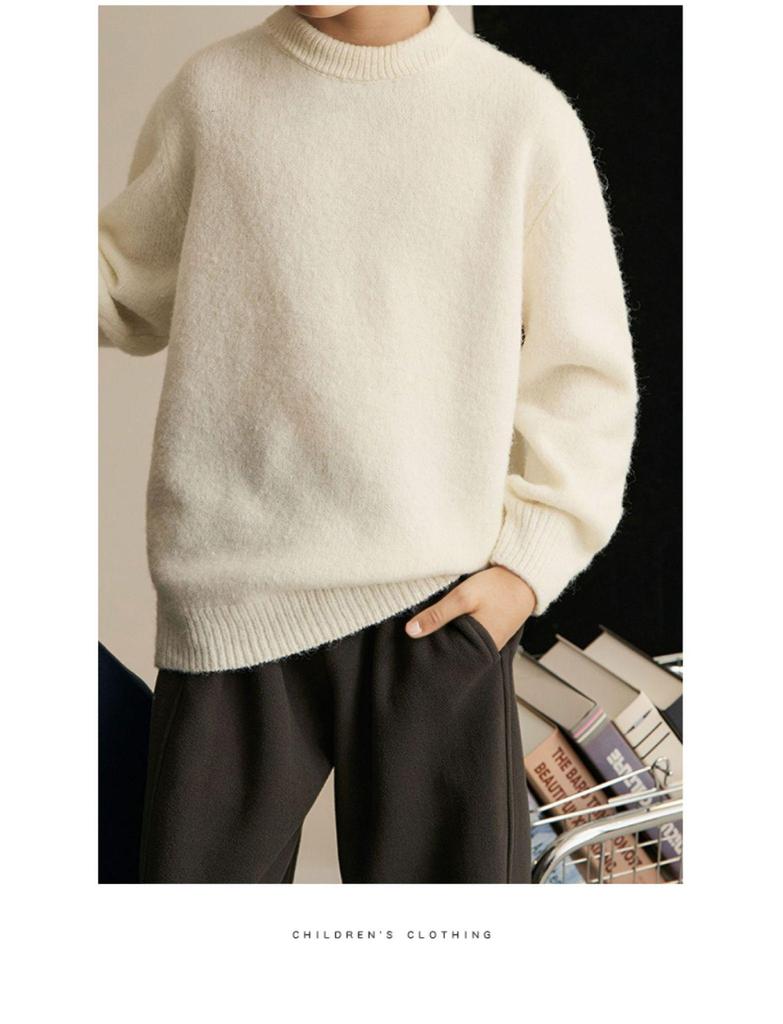 Children's Wool Ribbed Sweater - Round Neck, Cozy Autumn/Winter Base Layer for Girls