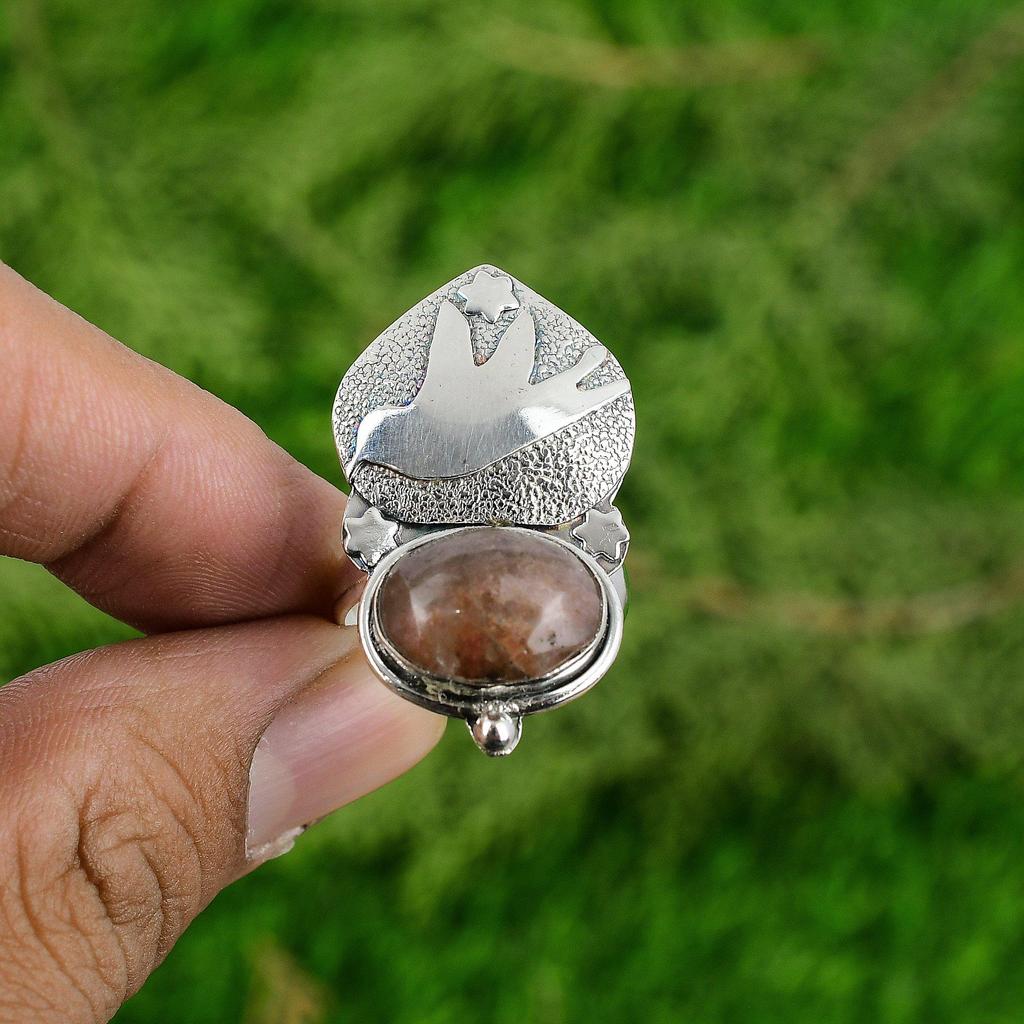 Natural Rhodonite Gemstone 925 Silver Promise Bird Adjustable Ring For Women