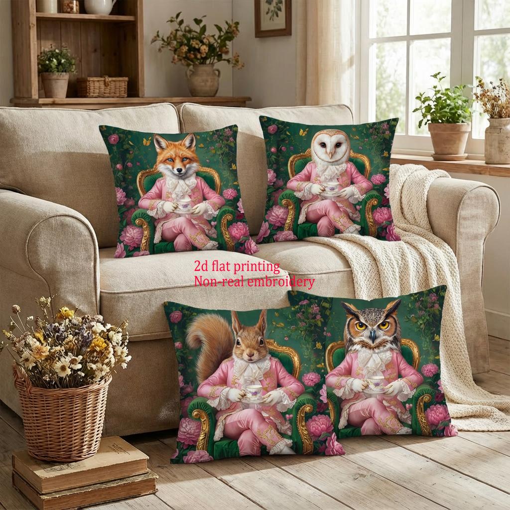 1/4pcs Vintage Royal Animal Gentleman Fox Owl Squirrel Decorative Throw Pillow Covers Floral Garden Tea Party Cushion Cases
