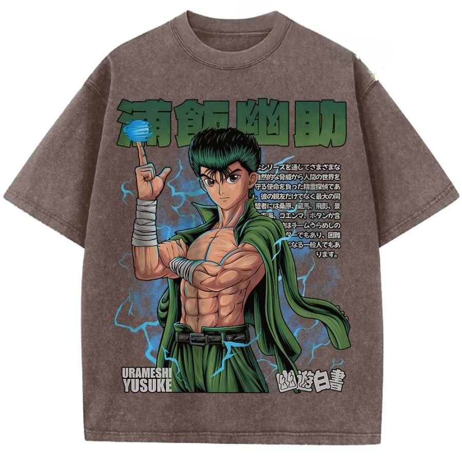 

Hot Anime YuYu Hakusho Yuusuke Urameshi Graphic Tee Men Women Clothing Washed Cotton Tshirt Casual T-shirt Harajuku Male T Shirt XXL коричневий