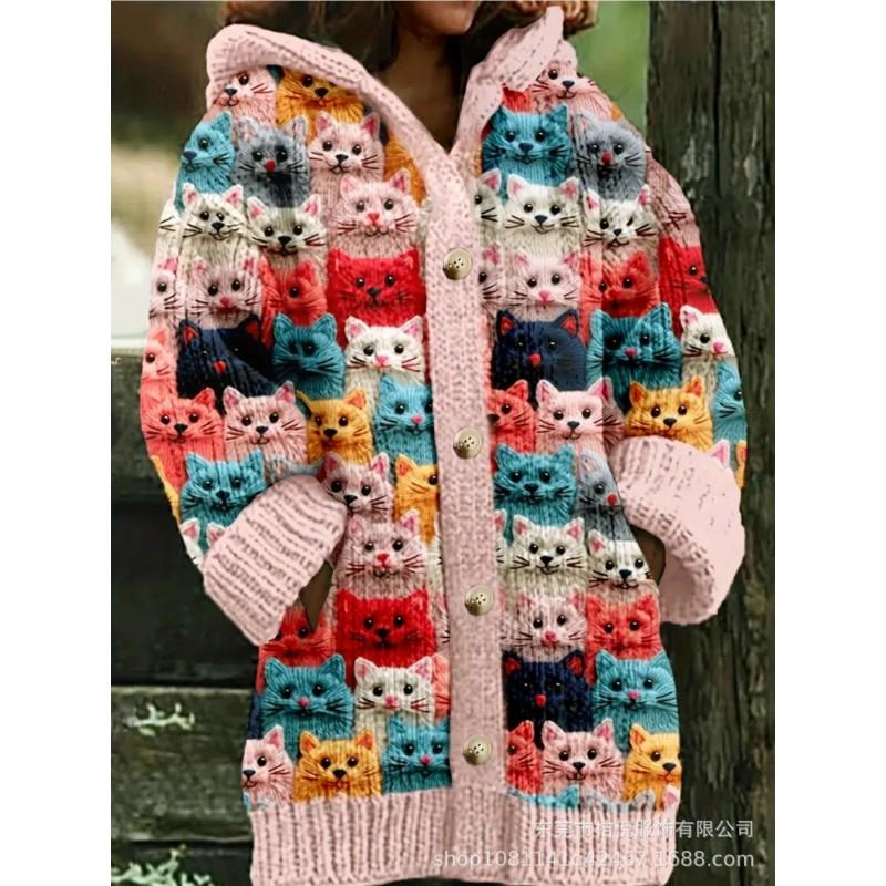 Womens Oversized Hooded Knit Cardigan With 3D Print Button Front Long Sleeve Casual Sweater
