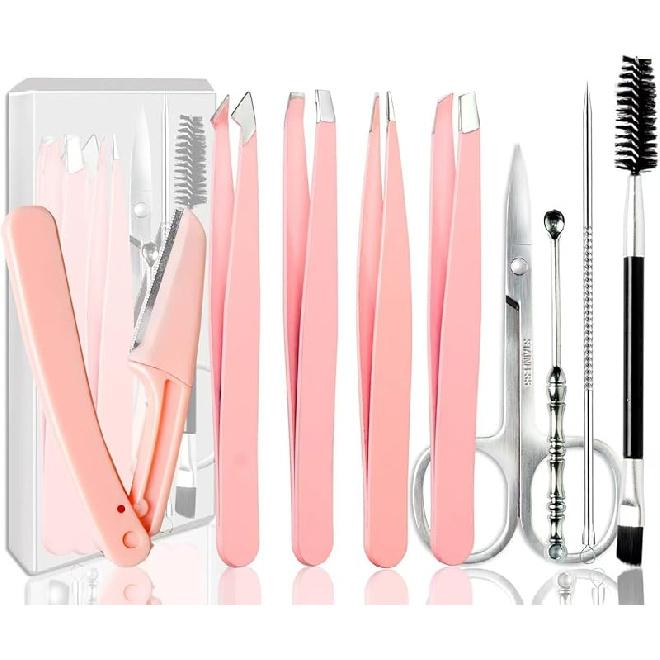 Tweezers Kit Tweezer for Women Facial Hair Removal Tweezers Professional Tweezers Set Eyebrow Tweezer, [9+1 PCS] Professional Stainless Steel Eyebrow